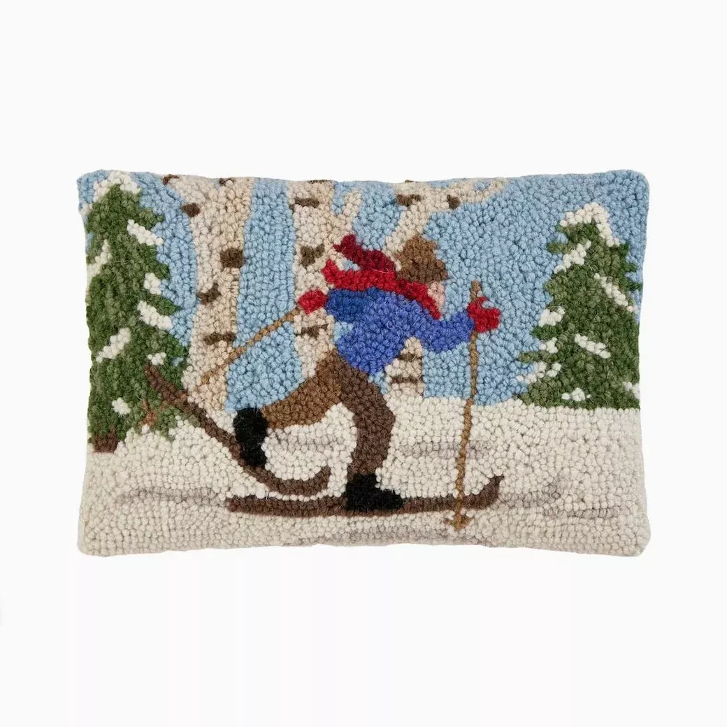 Petite Hooked Rug Pillow Cross Country Skier