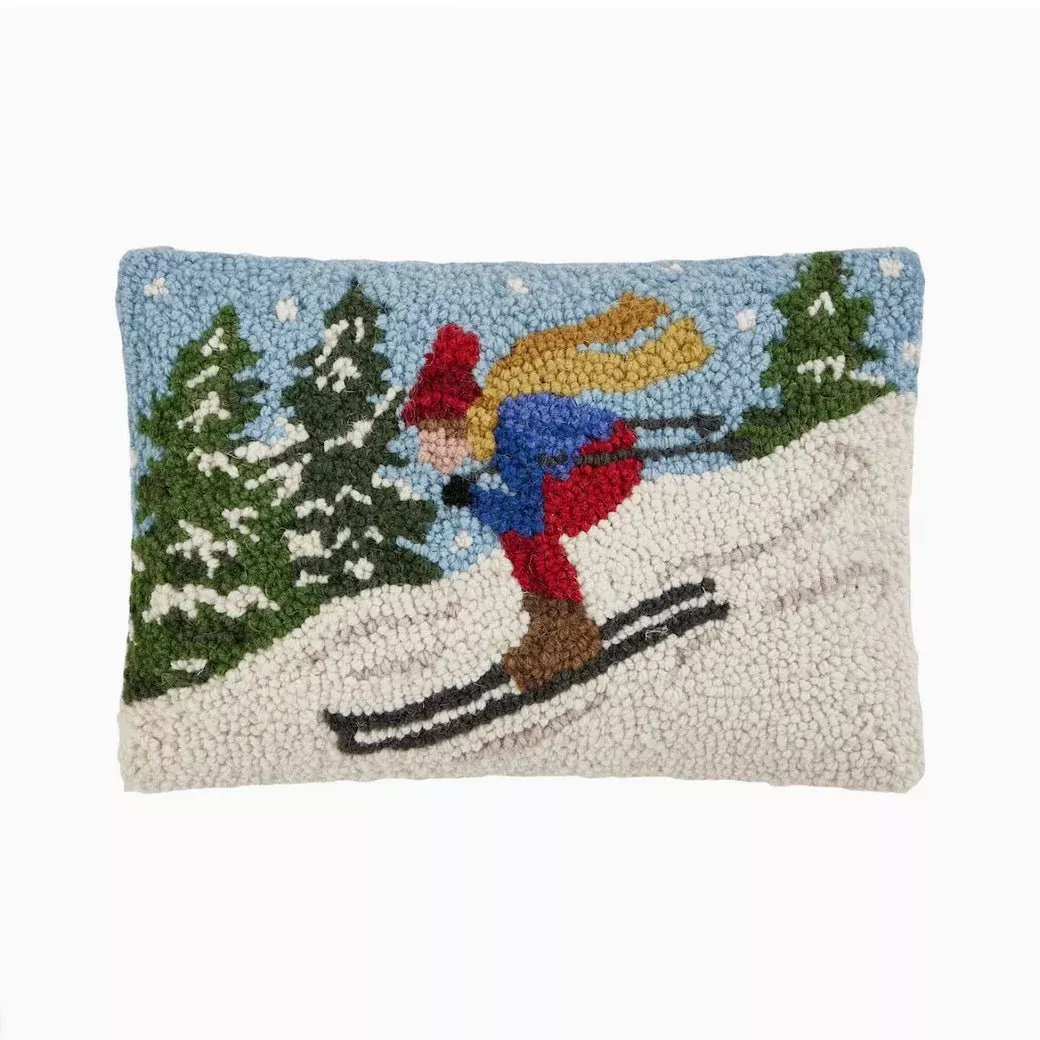 Petite Hooked Rug Pillow Downhill Skier