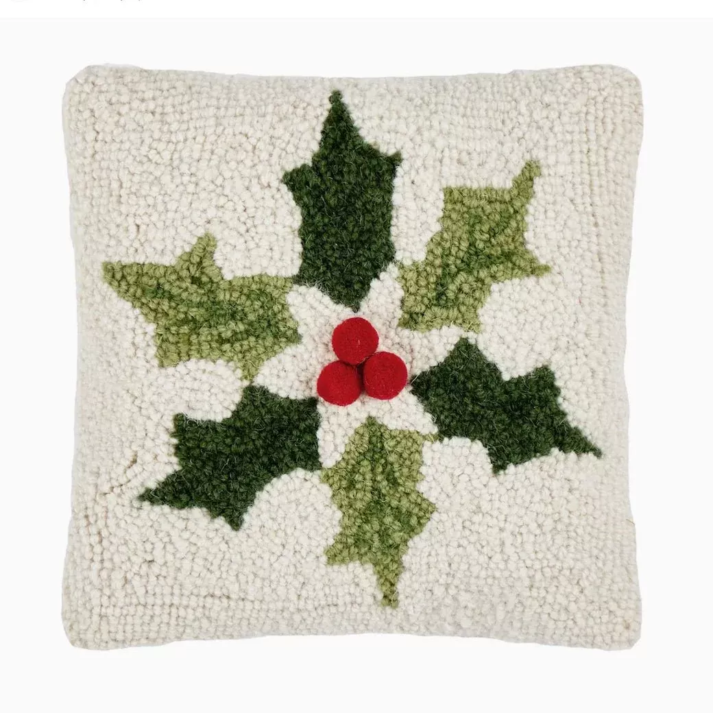 Petite Hooked Rug Pillow Snowflake Holly Leaves w Red Pompom Berries