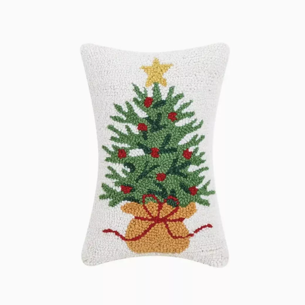 Petite Hooked Rug Pillow Wrapped Christmas Tree w Star