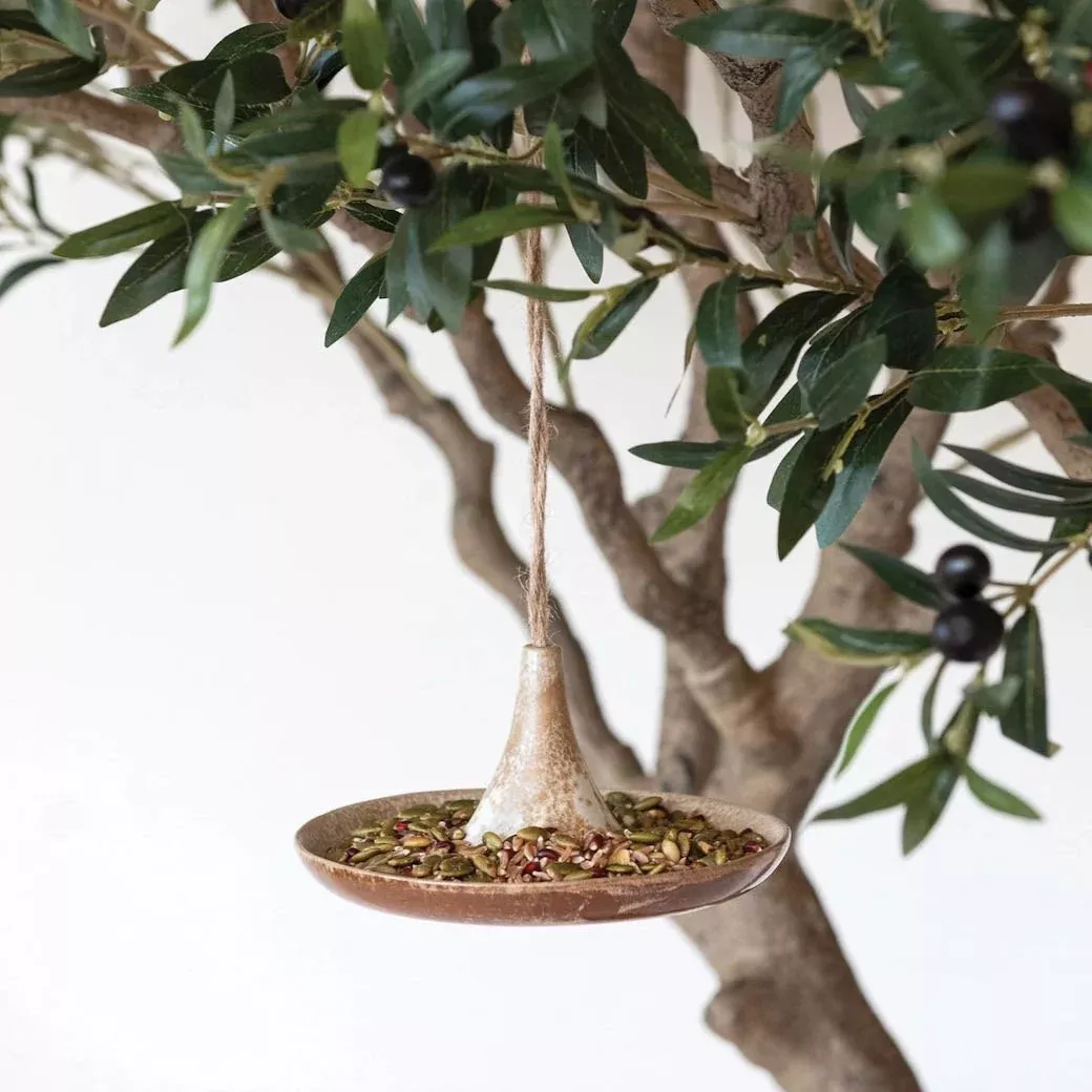 Petite Stoneware Bird Feeder w/ Jute Hanger