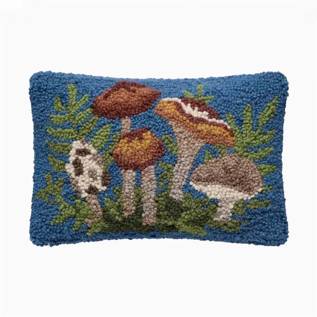 Petite Woodland Mushrooms Hooked Rug Pillow