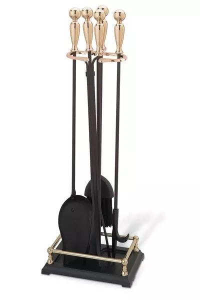 Pilgrim 5 Piece Matte Black Fireplace Tool Set with Brass Ball Handles and Rectangular Base