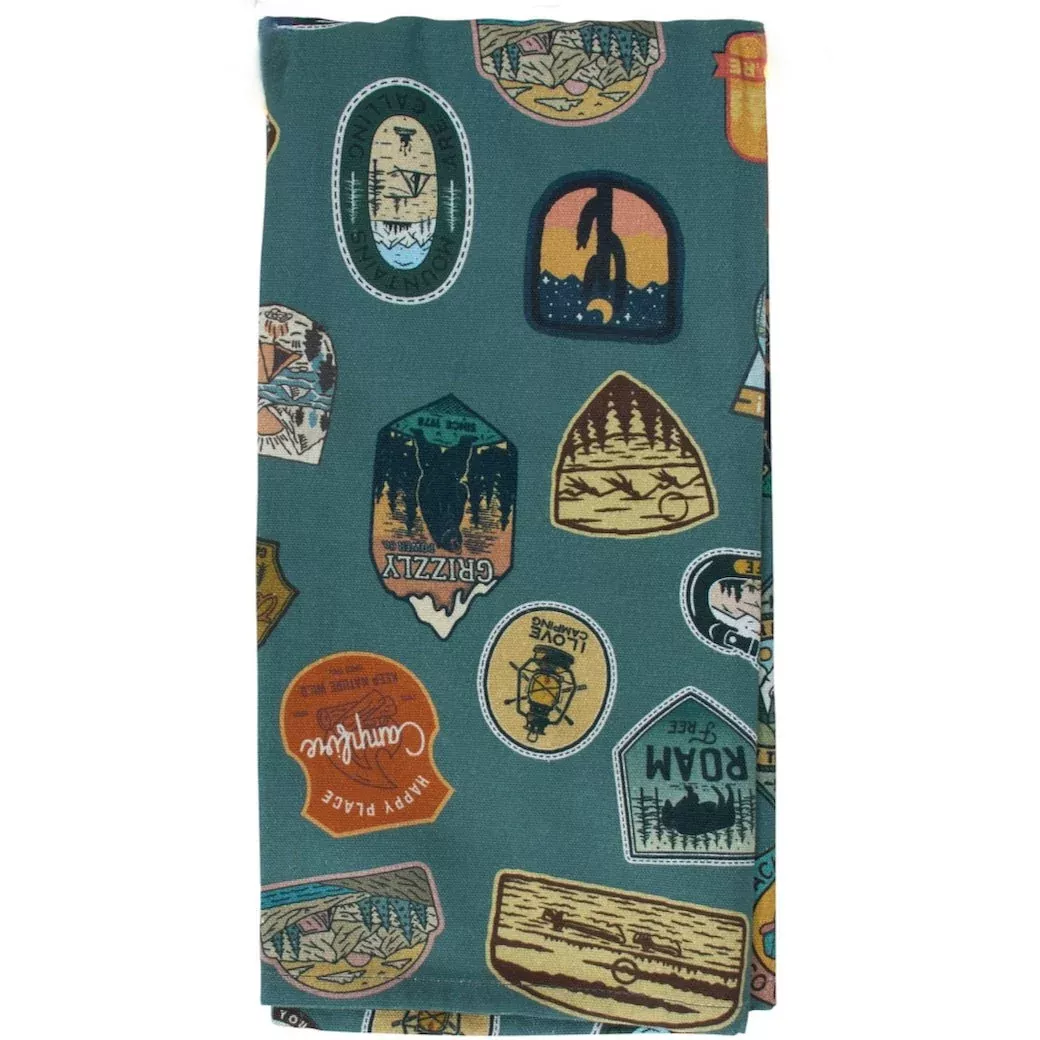 Printed Cotton Kitchen Towel w Camping Patches Design