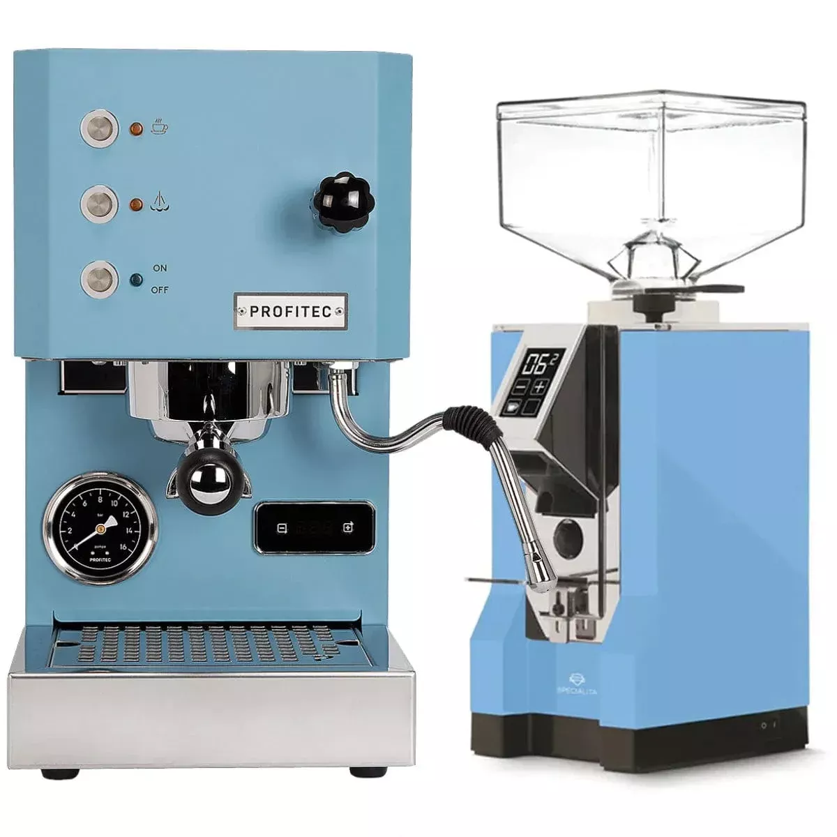 Profitec Go (Blue) Espresso Machine & Eureka Mignon Specialita Grinder (Pale Blue) Bundle