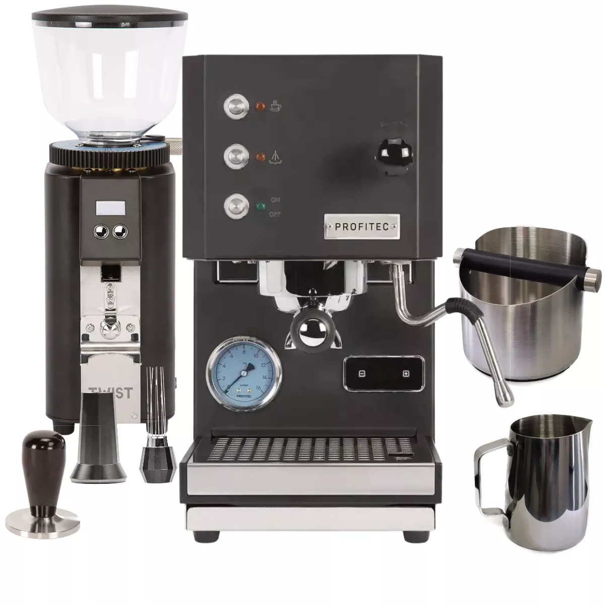 Profitec GO & Twist A54 (Black) "Ready to Go" Espresso Bundle – PID Temperature Control, Matching Coffee Grinder & Complete Barista Kit