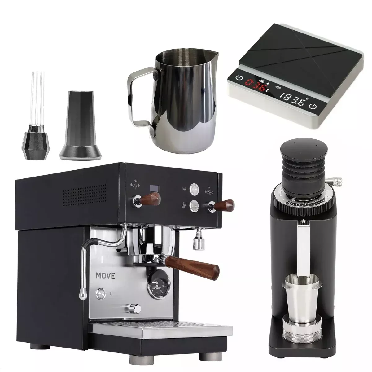 Profitec Move & SD54 (Black) "Ready to Go" Espresso Bundle – Dual Boiler Machine, Single Dose Grinder & Complete Barista Tool Kit