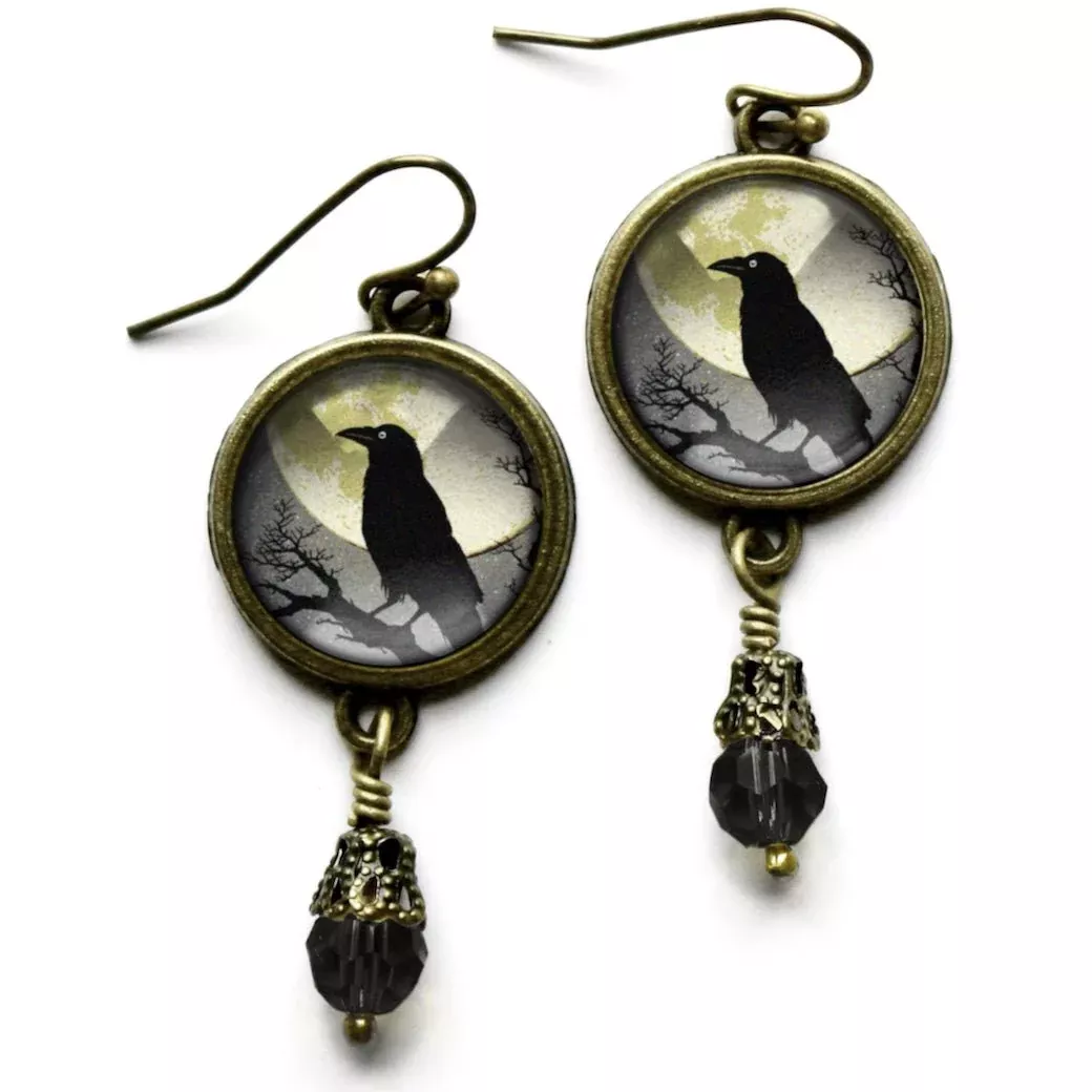 Raven and Full Moon Cottage Core Earrings for Pierced Ears