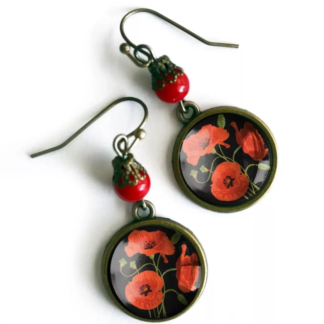 Red Poppies Vintage-Style Earrings for Pierced Ears
