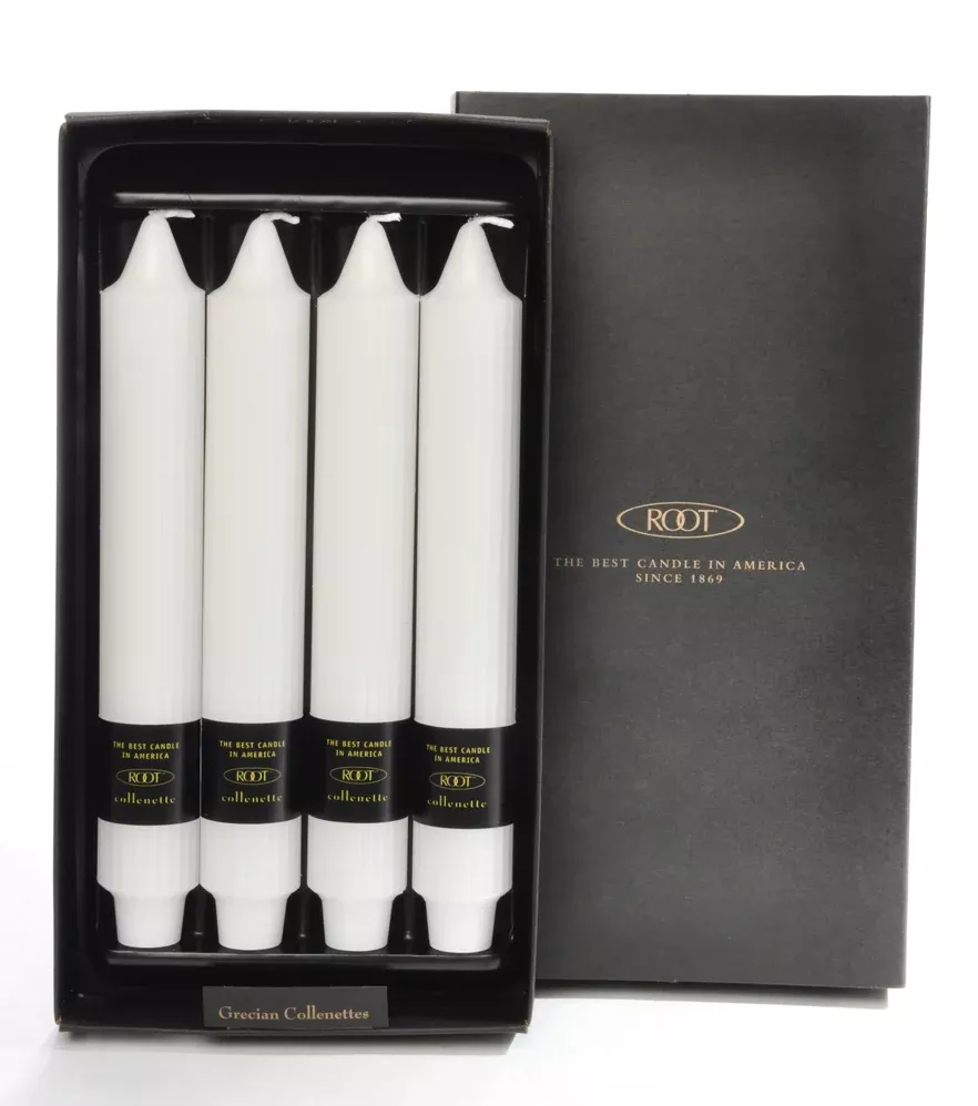 Root Grecian Collenette Candle – White – 9" – Box of 4