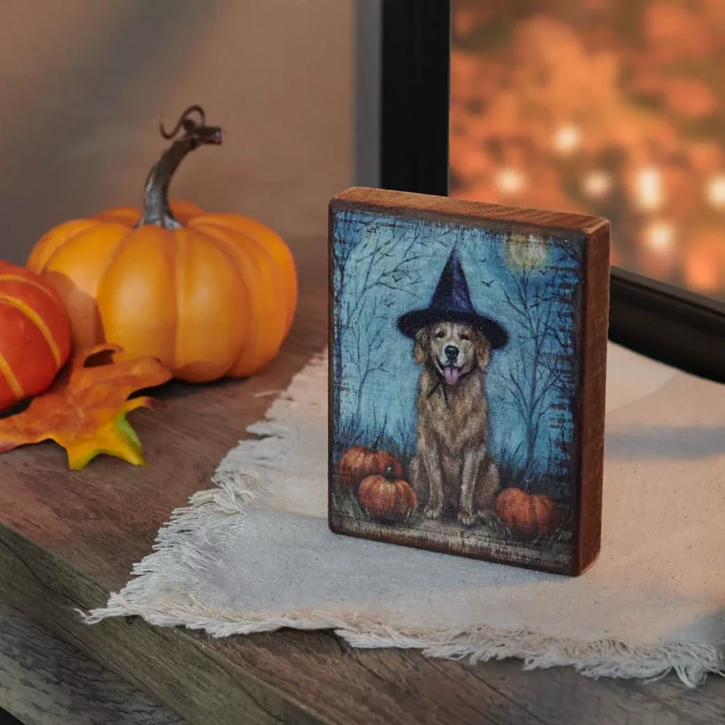 Rustic Wooden Block Sign Dog in Witch Hat