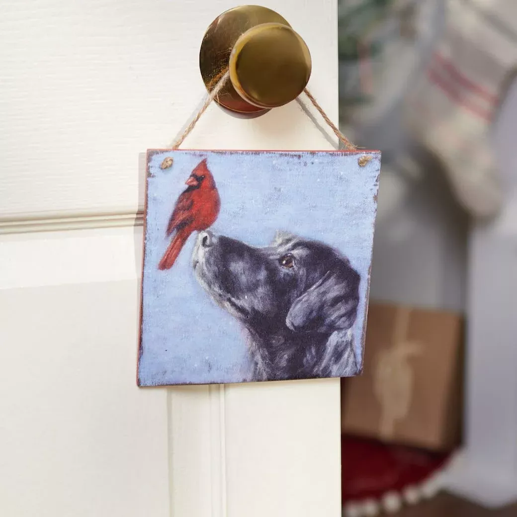 Rustic Wooden Christmas Ornament or Wall Decor Black Lab & Cardinal