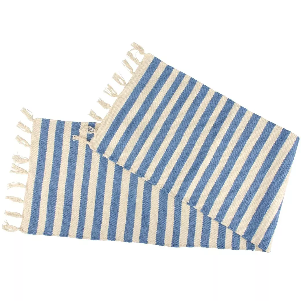 Rustic Woven Ocean Blue Striped Table Runner