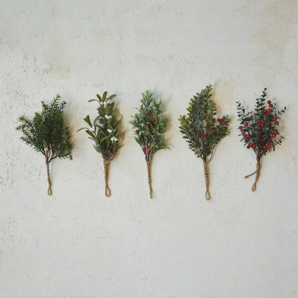 Set of Five Hanging Faux Evergreen & Berry Bunches Snowy/Icy Finish