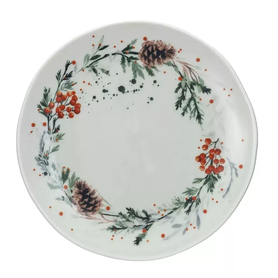 Set of Four 8" Holiday Botanical Plates Stoneware