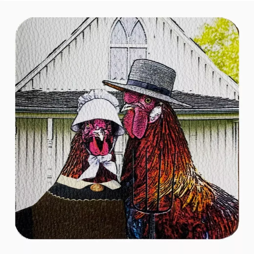 Set of Four Chicken & Rooster Drink Coasters“American Gothic”