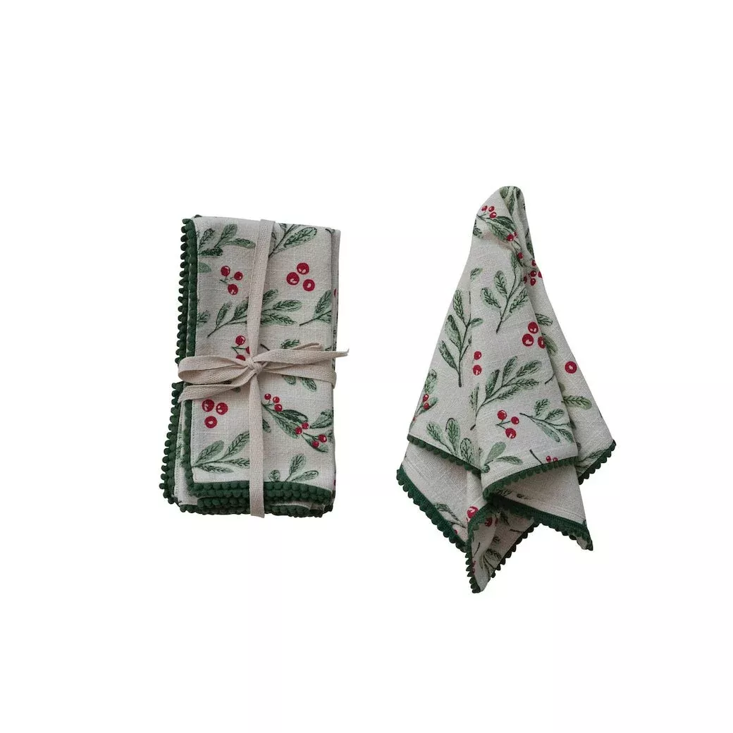 Set of Four Cotton Cloth Napkins w Holiday Botanicals & Mini Pom Pom Trim