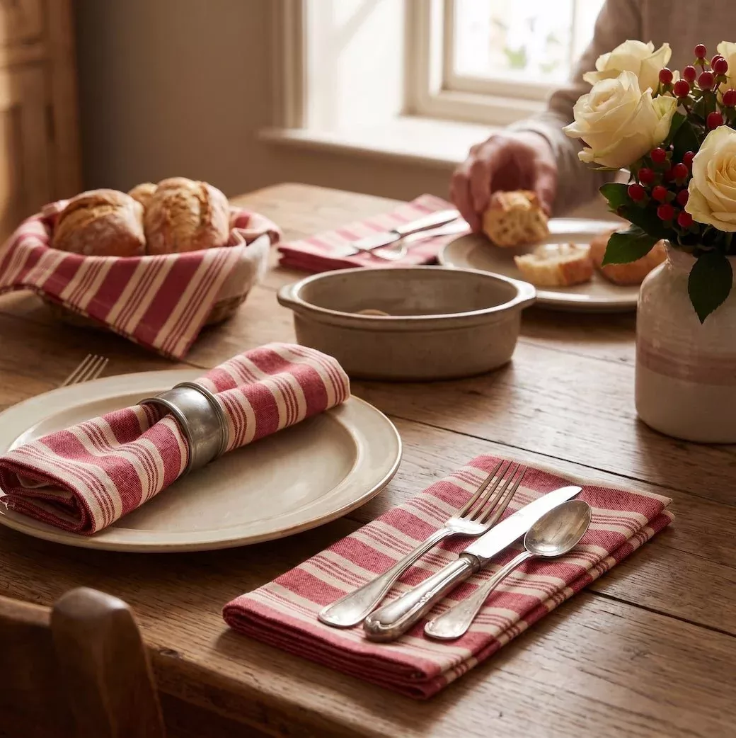 Set of Four Cotton Red Stripe Napkins