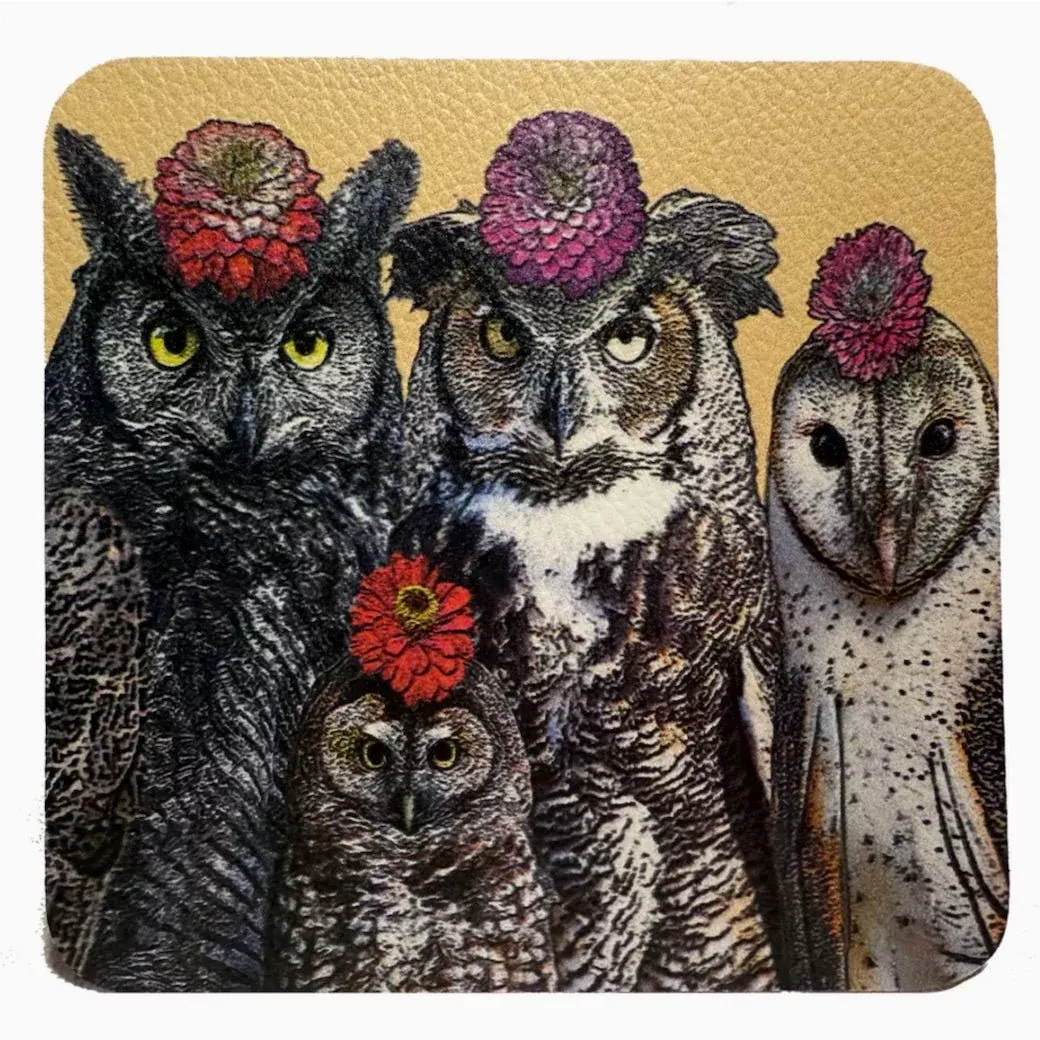 Set of Four Drink Coasters Owls in Flowers Hats