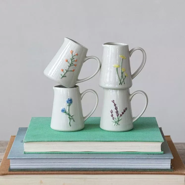 Set of Four Hand-Painted Cream Pitchers w Botanicals
