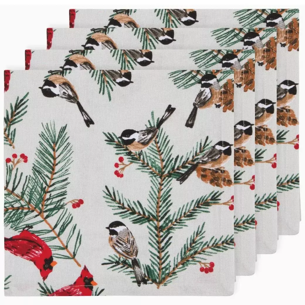 Set of Four Holiday Birds & Boughs Cloth Napkins