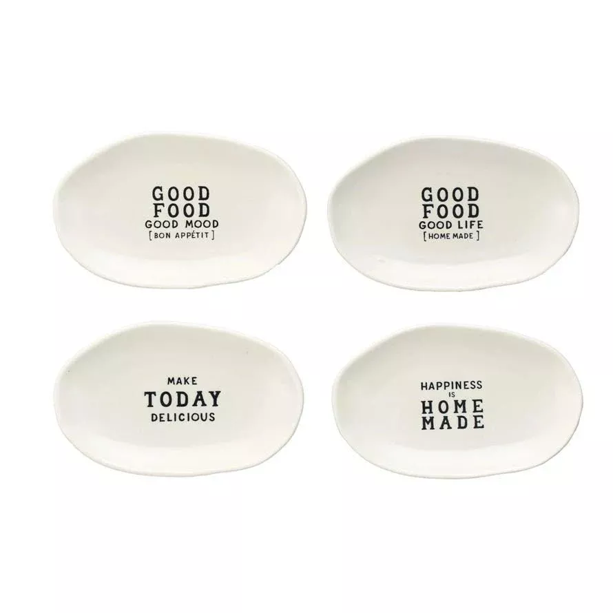 Set of Four Oval Stoneware Tapas Dishes with Saying