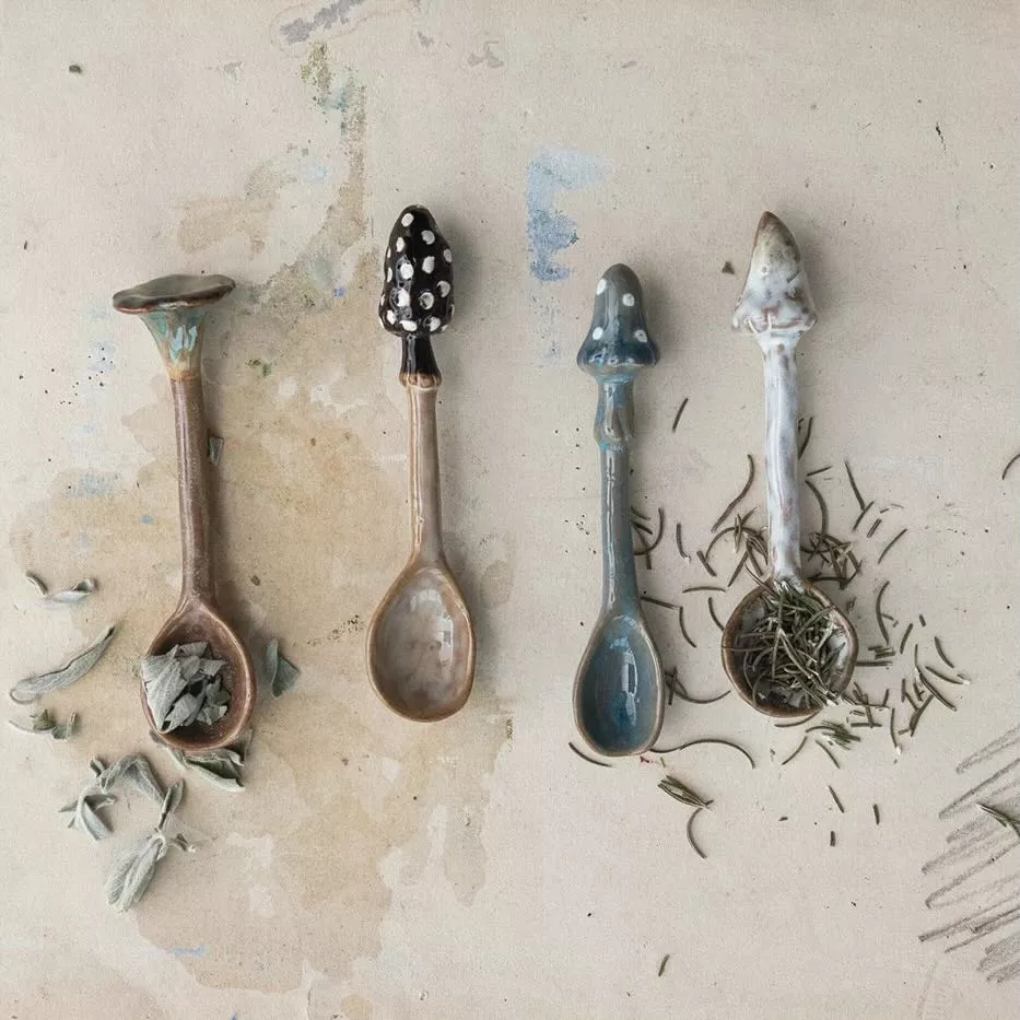Set of Four Stoneware Spoons w Mushroom Handles