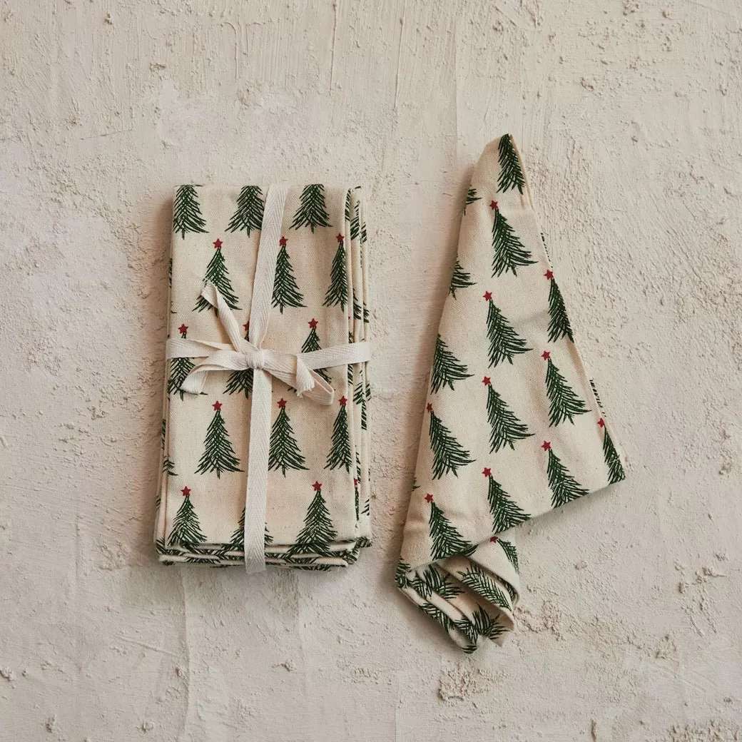 Set of Four Stonewashed Cotton Printed Cocktail Napkins w Tree Pattern