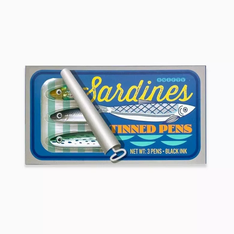 Set of Three Fish-Shaped Ink Pens in Faux Sardine Tin