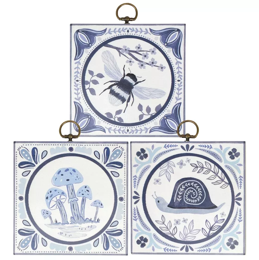 Set of Three Nature Themed Indigo Wall Decor “Tiles”