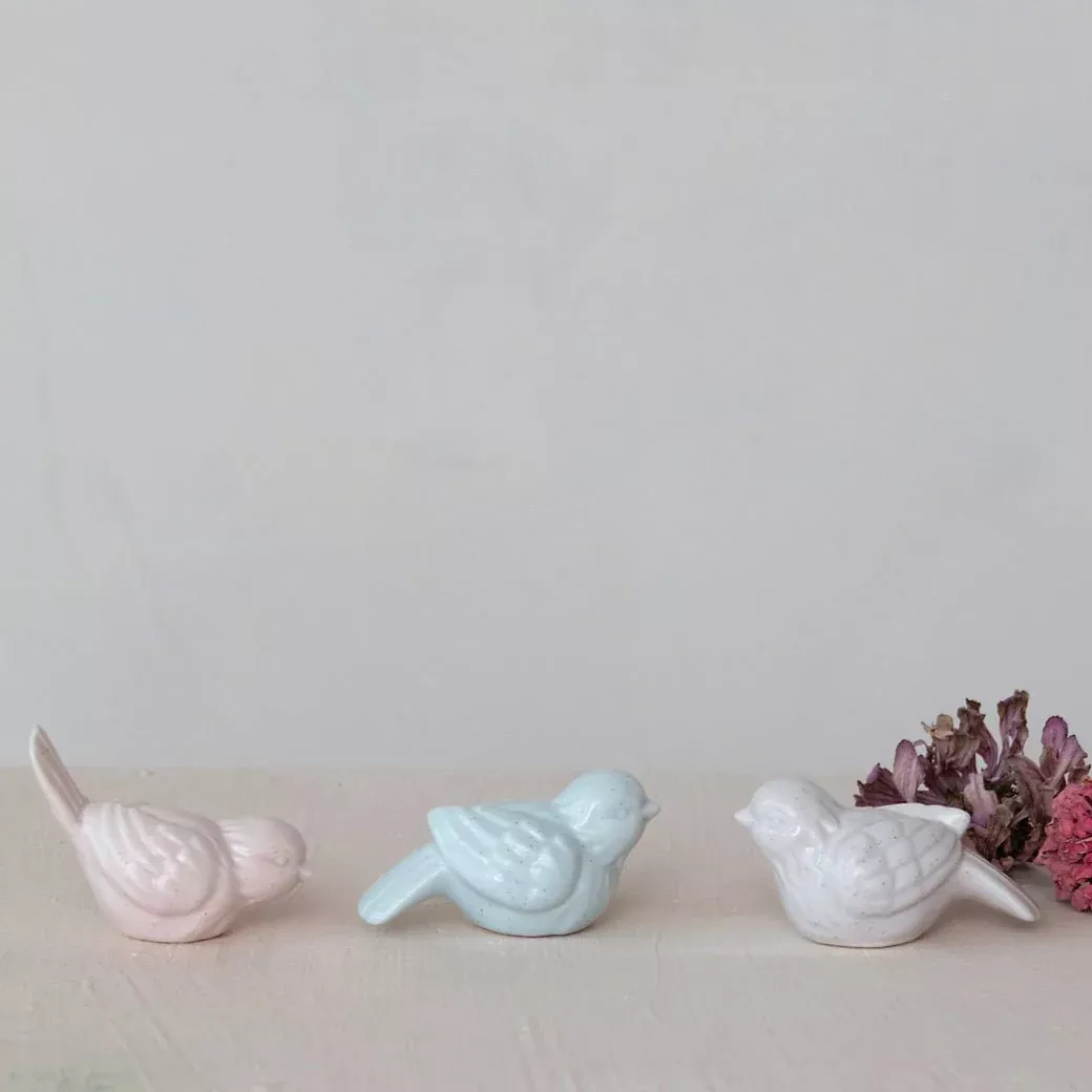 Set of Three Pastel Stoneware Bird Figures