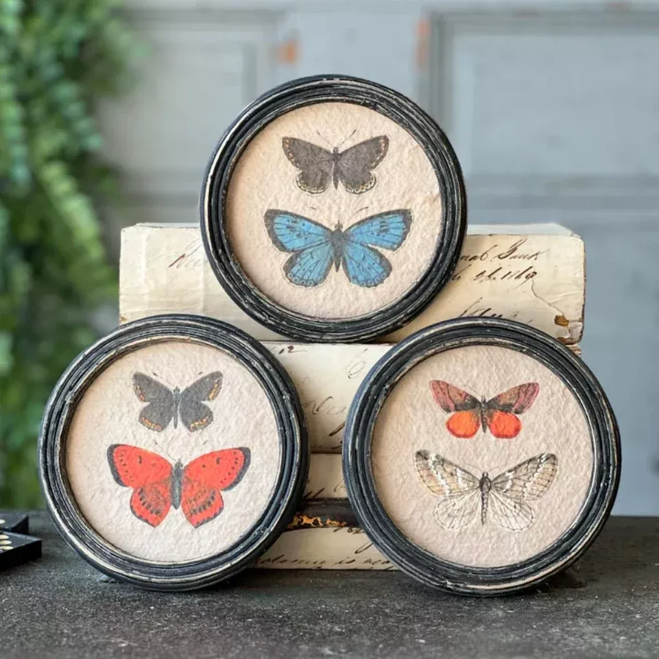 Set of Three Petite Kaleidescope Butterfly Round Framed Prints