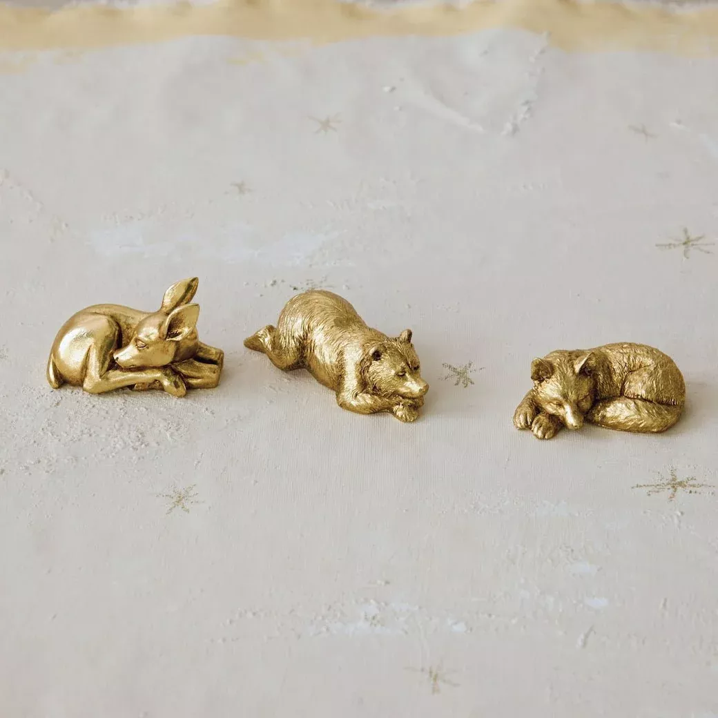 Set of Three Resin Sleeping Animals, Antique Gold Finish