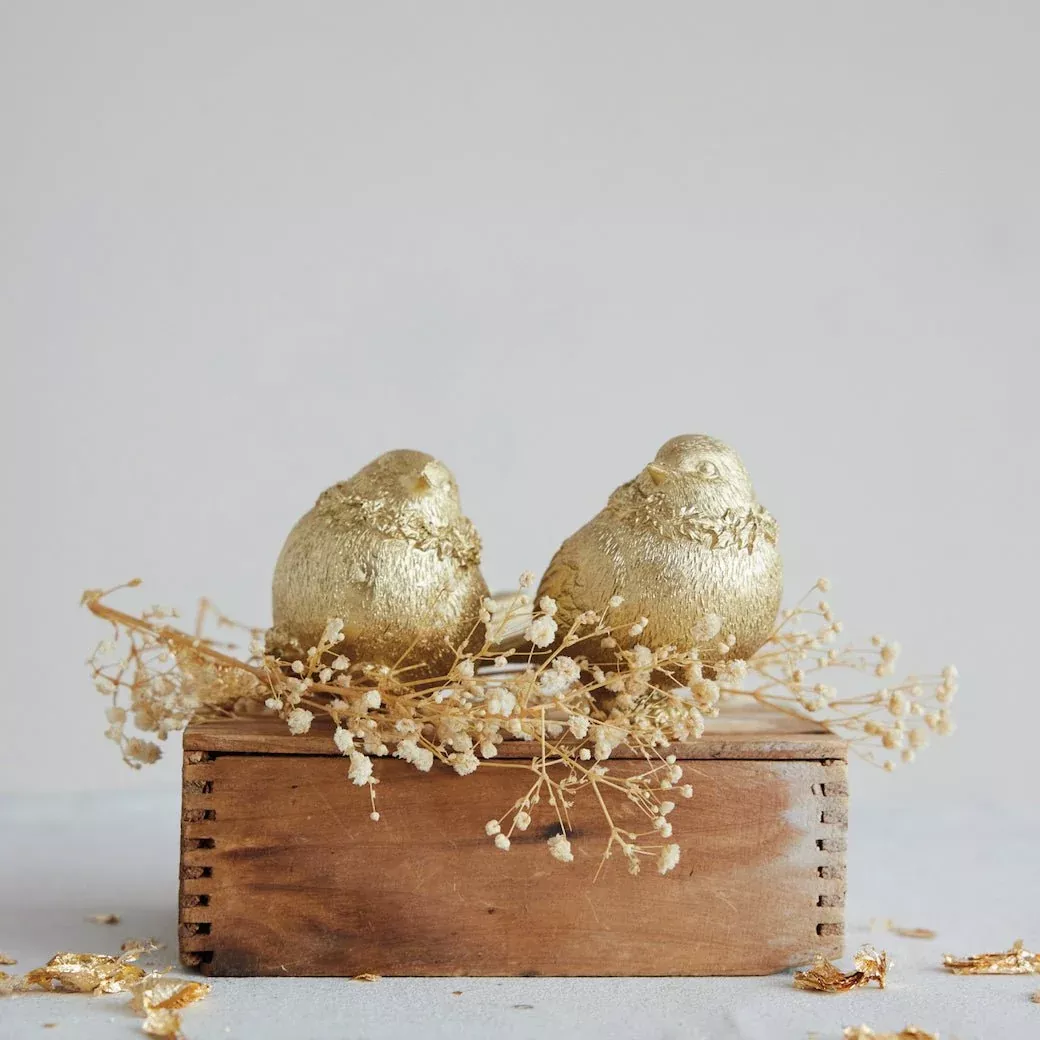 Set of Two Cast Resin Birds with Antique Gold Finish