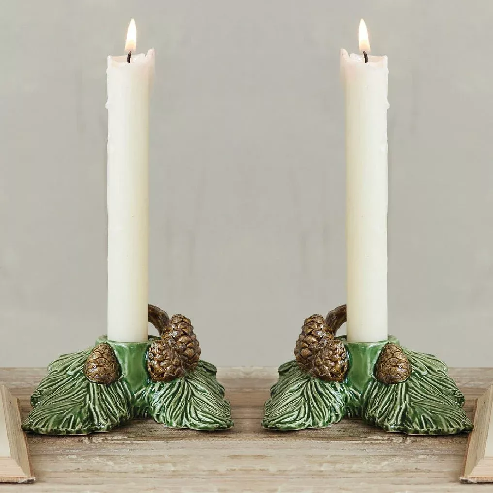 Set of Two Ceramic Pine Bough Taper Candle Holders w Pinecones