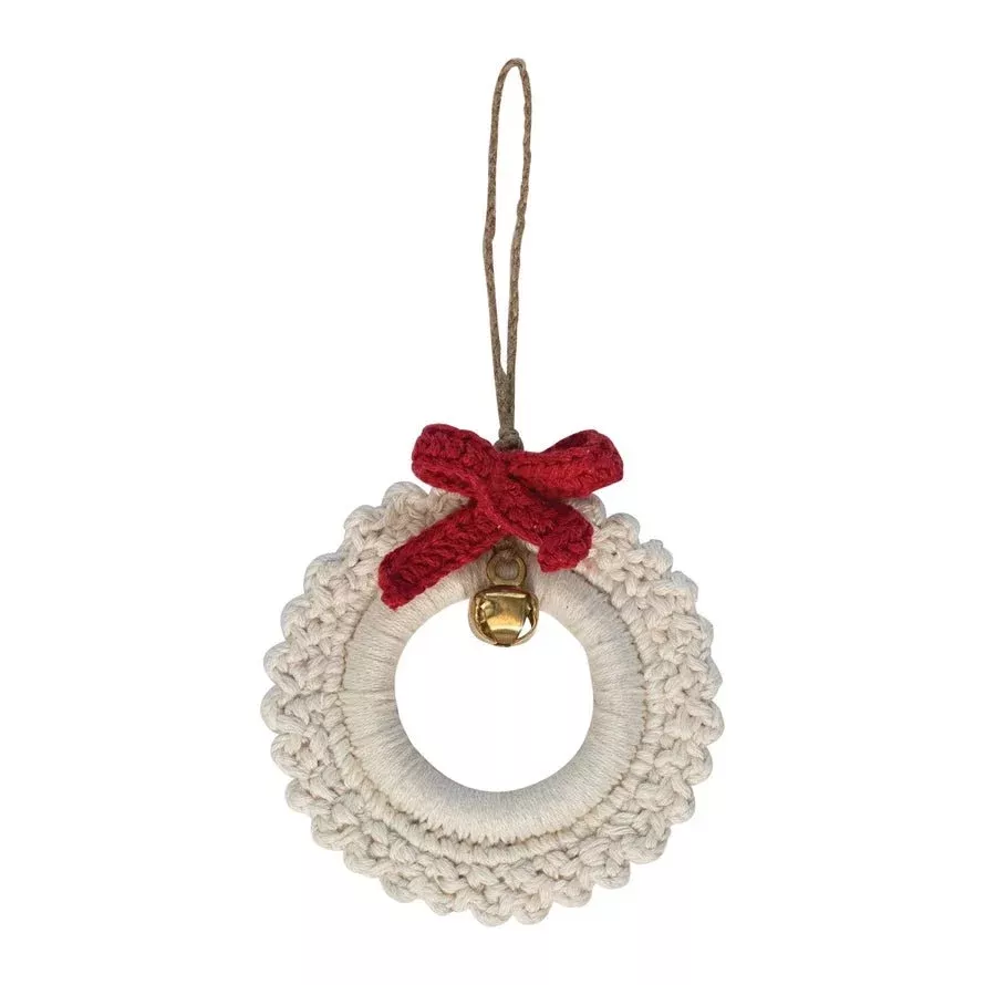 Set of Two Cotton Crocheted Wreath Ornaments w Red Bow & Jingle Bell