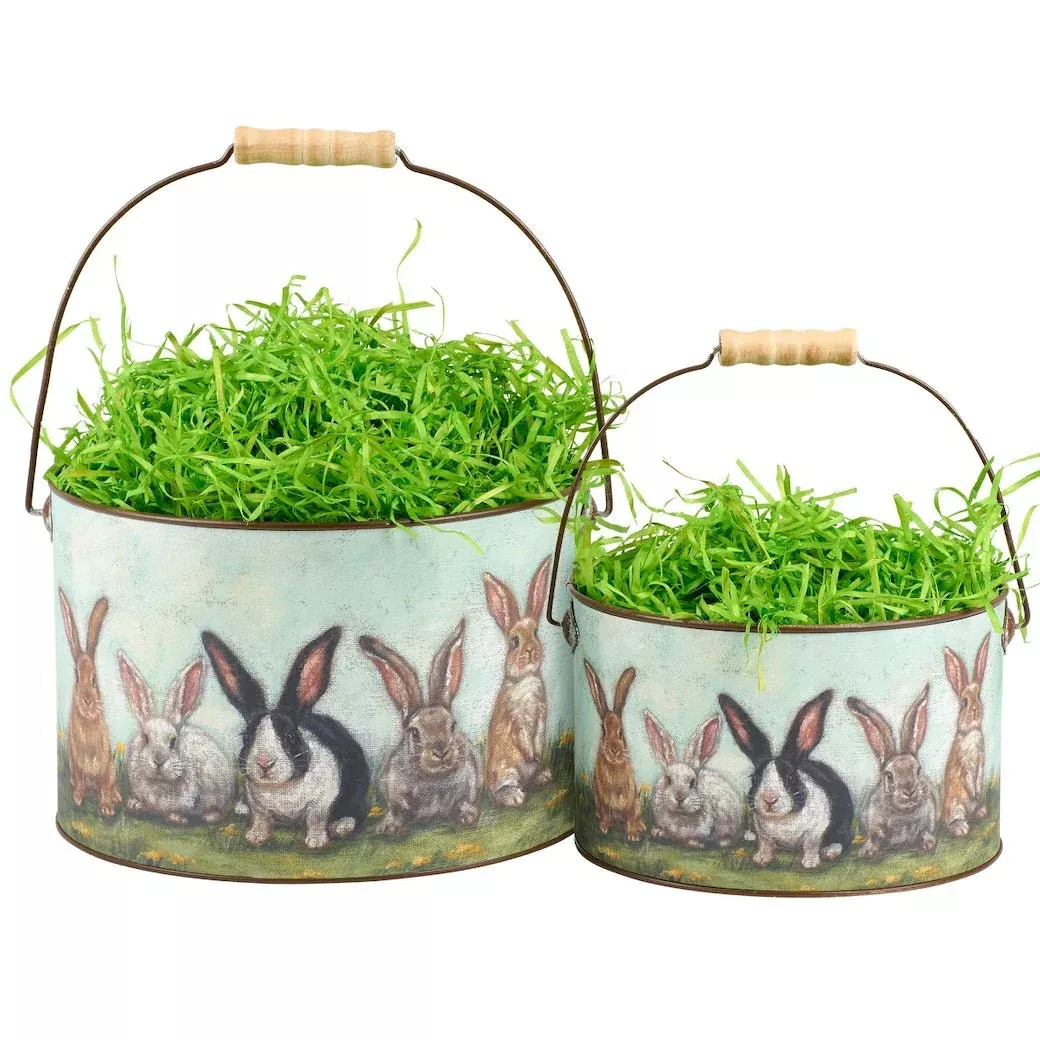 Set of Two Decorative Garden Bunny Friends Buckets