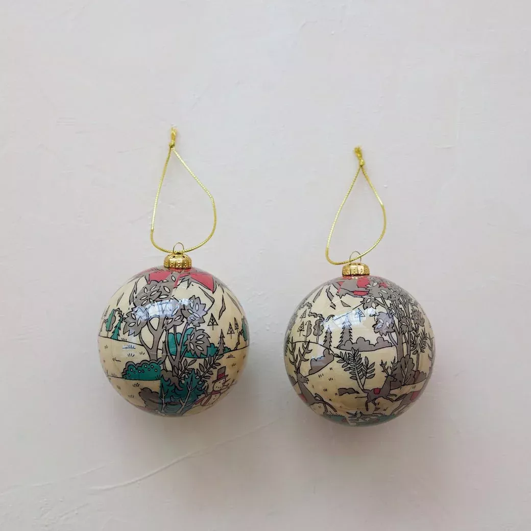Set of Two Decoupaged Ornaments w Woodland & Snowman Scenes