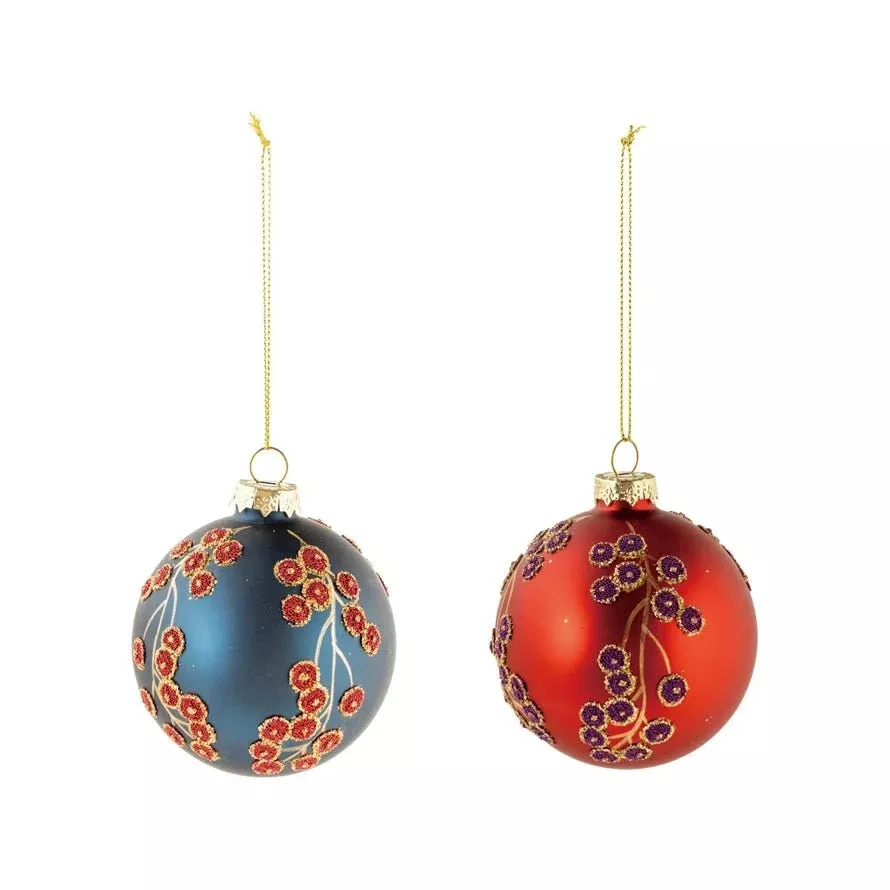 Set of Two Glass Ball Ornament with Botanical Bead Design