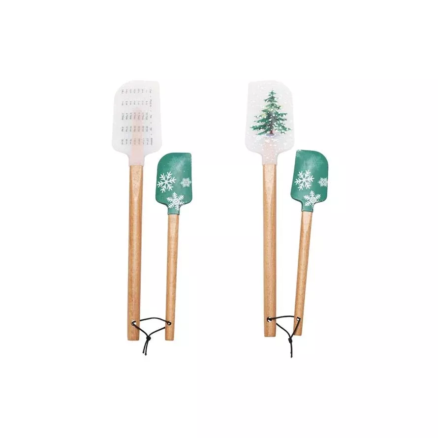 Set of Two Silicone & Wood Holiday Spatula Set Green/White Evergreen & Snowflake