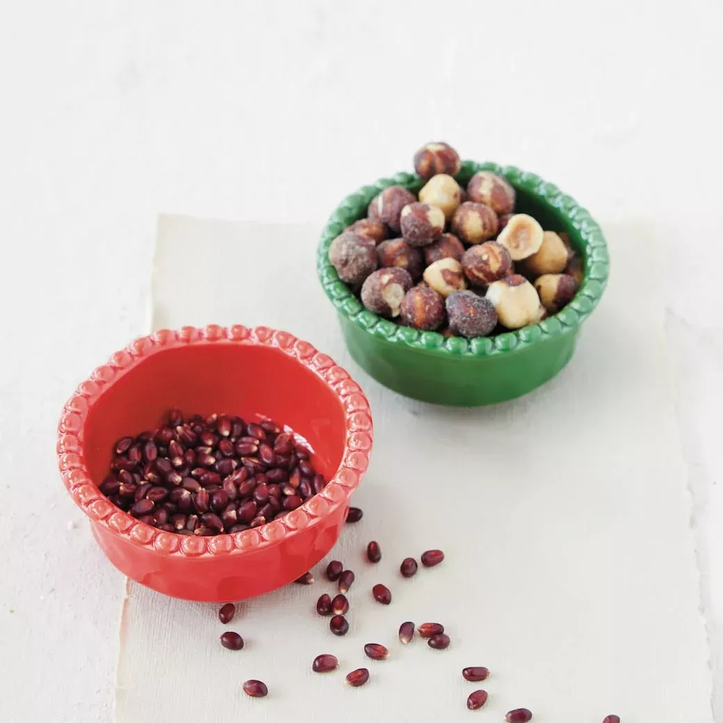 Set of Two Stoneware Bowls w Hobnail Rim & Organic Shape (Red &Green)