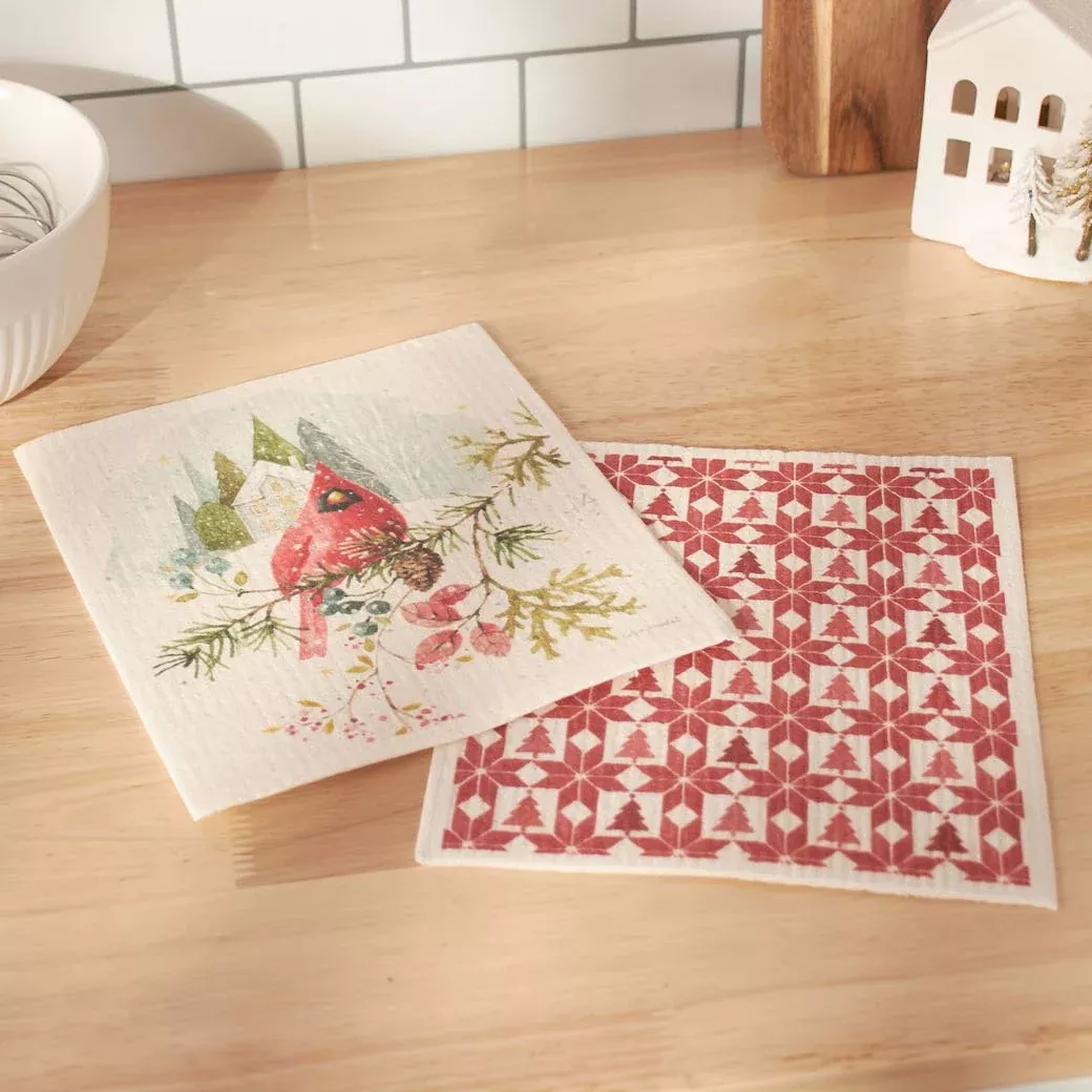 Set of Two Swedish Dishcloths - Holiday Cardinal + Red & White Scandi Print