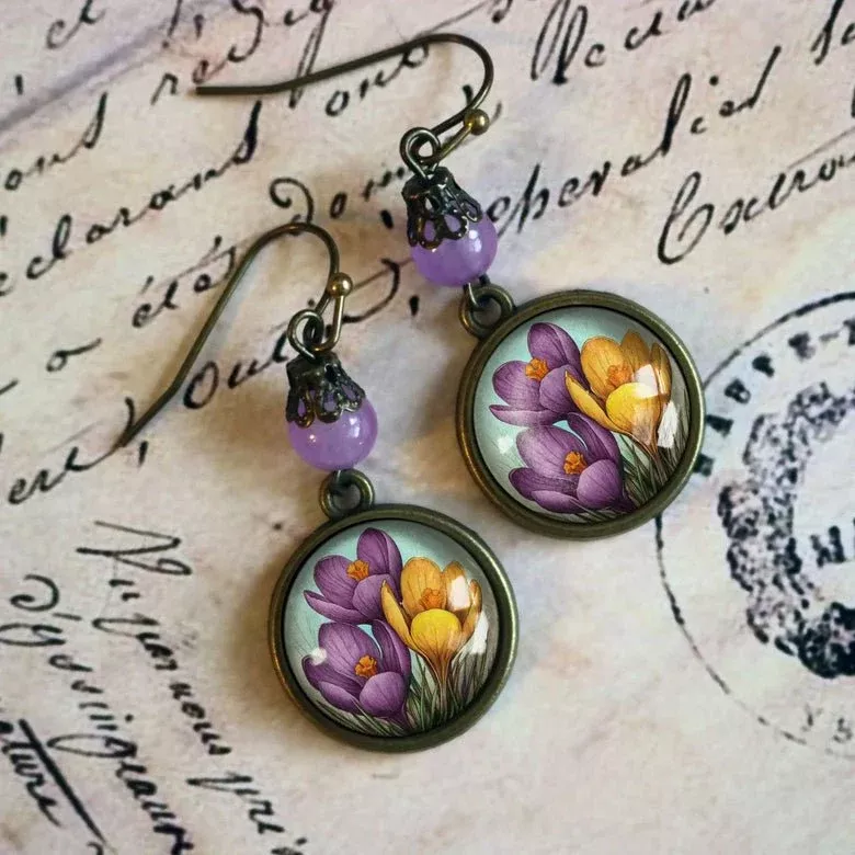Springtime Crocus Vintage-Inspired Glass Cabochon Earrings for Pierced Ears