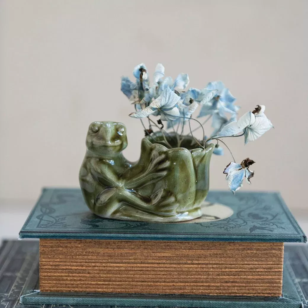 Stoneware Match or Toothpick Holder with Frog