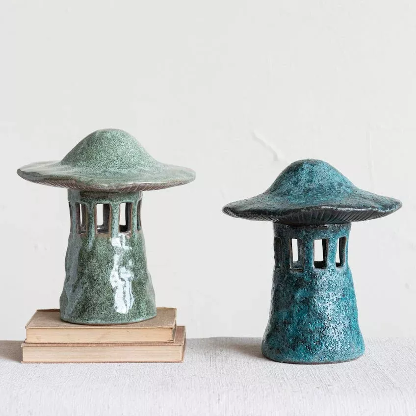 Stoneware Mushroom Lantern with Lid, CHOICE of Two Colors (Each One Will Vary)