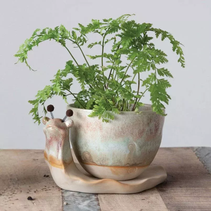 Stoneware Snail Planter with Reactive Glaze
