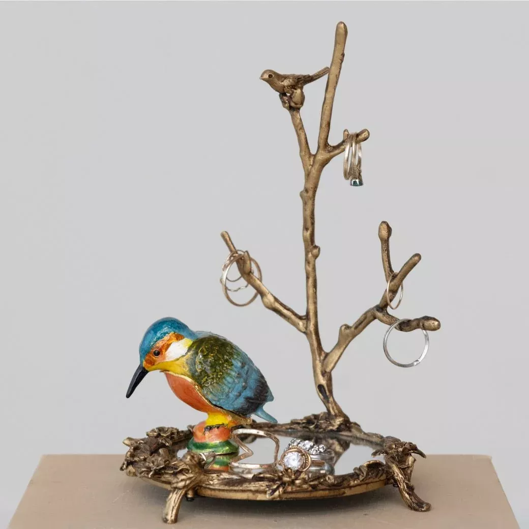 Tabletop Pewter Jewelry Holder w Mirror & Bird on Branch