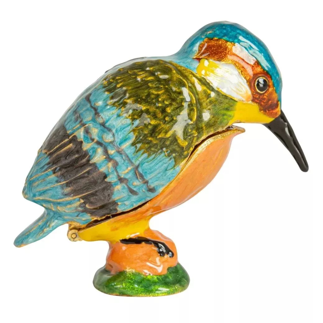 Tiny Enameled Bejeweled Metal Kingfisher Trinket Box