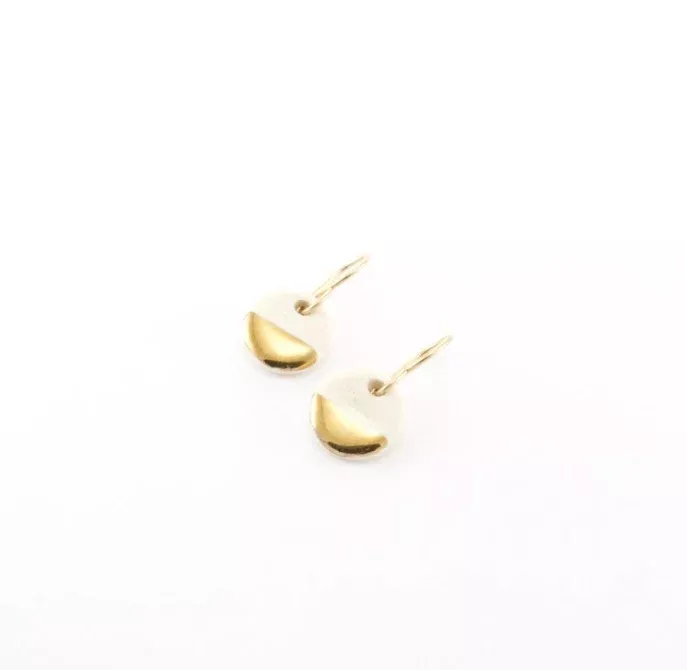 Tiny Porcelain & Gold Pebble Earrings - White/ Gold Half