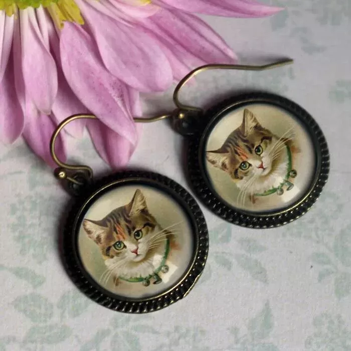 Victorian Style Calico Cat Pierced Earrings